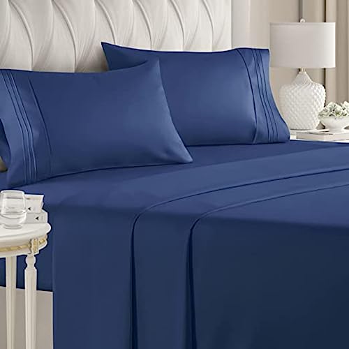 Image of Flat BedSheet with 2 Pillow Covers 600 TC 100% Egyptian Cotton Bedsheet Comfortable & Durable Hotel Quality Sheet (Queen 90x102, Navy Blue)