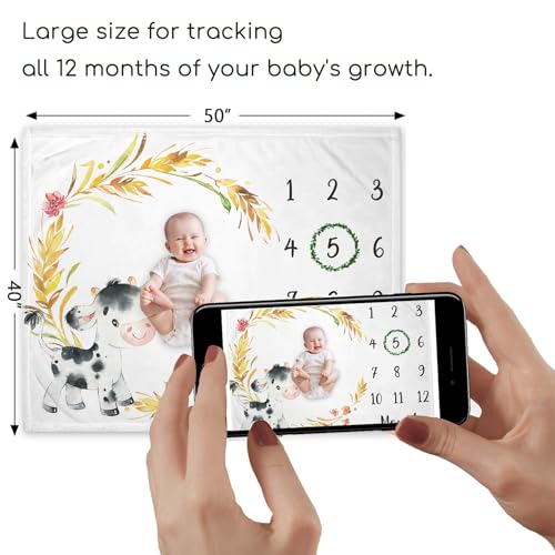 Image of Yuzioey Cow Milestone Blanket, Farm Animals Baby Growth Chart Monthly Blanket, Watch Me Grow Cow Baby Nursery for New Moms Shower(50 inchx40 inch)