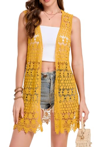 Image of GLEAMISS Women's Crochet Floral Vest Lace Trim Boho Sleeveless Cardigan