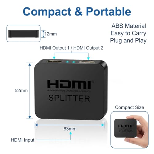 HDMI Splitter 1 in 2 Out, 4K HDMI Verteiler für Zwei Monitore Gleichzeitig, Video Signal Duplizieren, Unterstützt 2K 4K 1080p 3D, Kompakter HDMI Adapter für TV, Monitor, Beamer, Büro und Zuhause