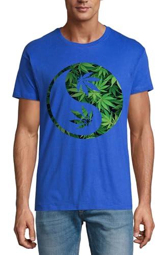 T-shirt coton homme bleu royal avec motif Yin Yang Leaf pour un style casual