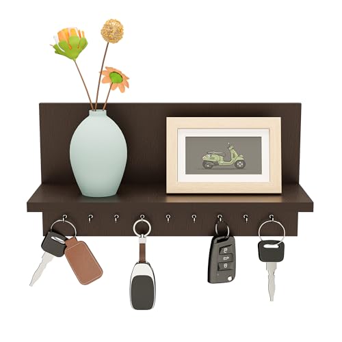 Image of Kuber Industries Mdf Wooden Keychain Holder for Wall With 9 Hooks and Display Shelf Organizer | Key Holder for Home Decor Stylish | Modern Key Stand | Brown