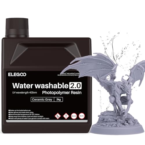 ELEGOO Upgraded Water Washable 3D Printer Resin 2.0, 405nm UV-Curing 3D Resin with Lower Shrinkage and Higher Precision for LCD 3D Printing Gray 2000g