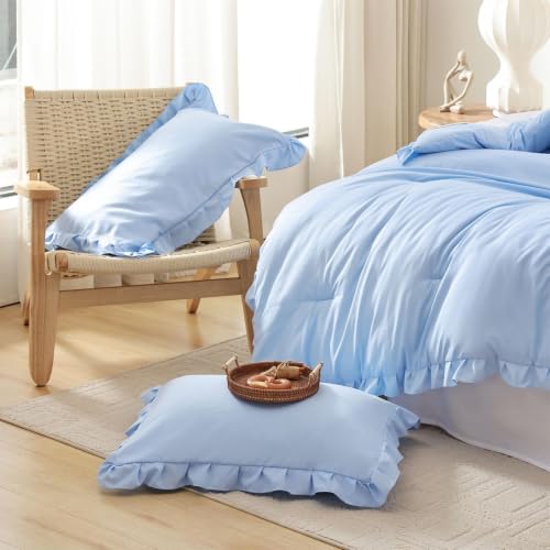 Image of JANZAA Light Blue Comforter Set Full - Soft Microfiber, Lightweight All Season Bedding, Ruffle Shabby Chic Aesthetic, Breathable Cozy Bed Set with 2 Pillow Shams, Machine Washable