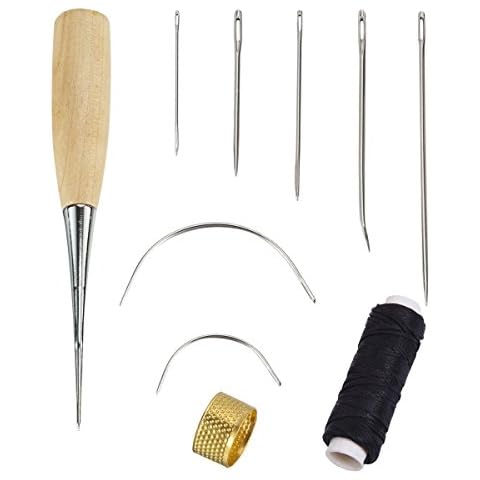 Yulakes 7 pcs. Hand Sewing Needles Bent Needles Set with Drill Hole and Thimble Waxed with Leather Thread for Leather Repair for Leather/Carpet/mattresses Repair Cover