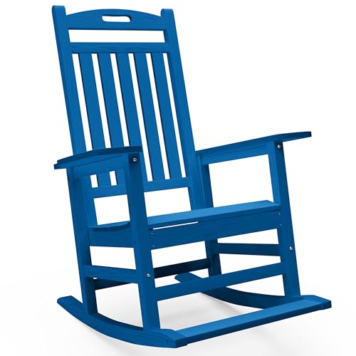 PLUUV Outdoor Rocking Chair, HDPE Patio Rocking Chairs with Footboard, All Weather Porch Rockers Outdoor for Adult, Effortless Installation, Navy