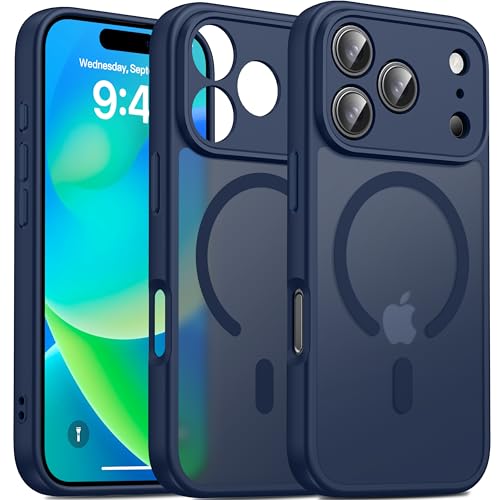 Image of Oterkin Magnetic for iPhone 17 Pro Max Case Matte, Full Camera Protection Compatible with MagSafe Frosted Translucent Shockproof Anti-Scratch Slim Fit Case Military Grade Protection (Dark Blue)