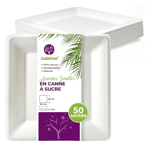 GoBeTree 50 Assiettes Jetables carrées 26 cm en Canne à Sucre Blanche, assiettes en papier jetables extra durables, Pour Camping, Pique-niques, Fêtes,...