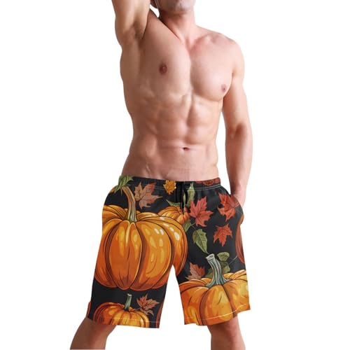 Men's Swim Trunks Quick Dry Swimming Shorts with Pocket Pumpkins Leaves on Dark Background Swimsuit Trunks4