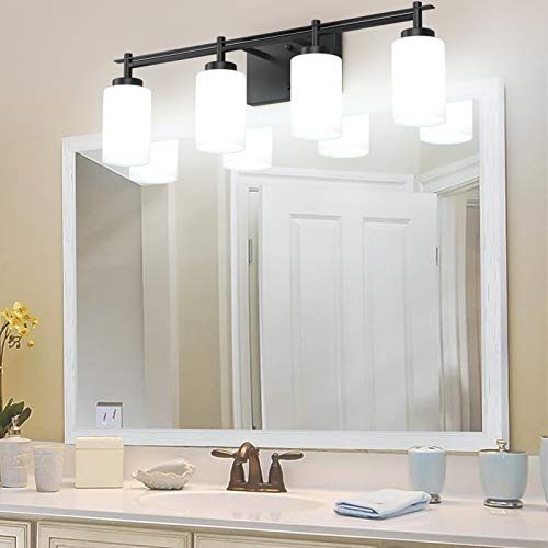 Image of Aipsun Vintage Bathroom Vanity Light Black Bathroom Light Fixtures 4 Lights Milky White Glass Shade Industrial Wall Light (Exclude Bulb)