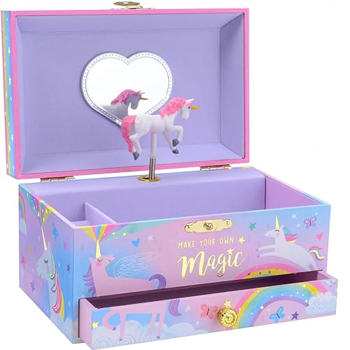 Jewelkeeper - Caja Musical para Joyas para Niñas, con Unicornio Algodón de Azúcar, con Cajón Extraíble - Over the Rainbow