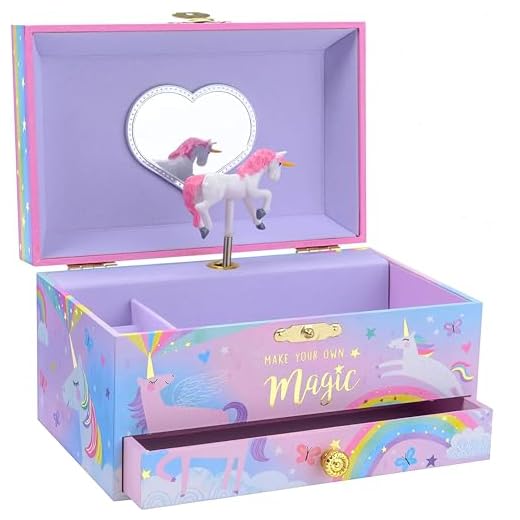 Jewelkeeper - Caja Musical para Joyas para Niñas, con Unicornio Algodón de Azúcar, con Cajón Extraíble - Over the Rainbow
