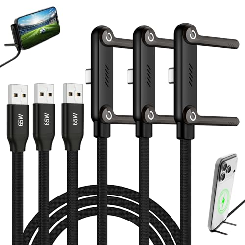 Image of Invisible Holder Charger Cable, 65W Fast Charging Cable for Desk, USB to USB C Cable 4.9 FT with 360 Adjustable Metal Stand, 2 in 1 Holder Charger for Gaming, Office, Home, Video Viewing, 3 pack