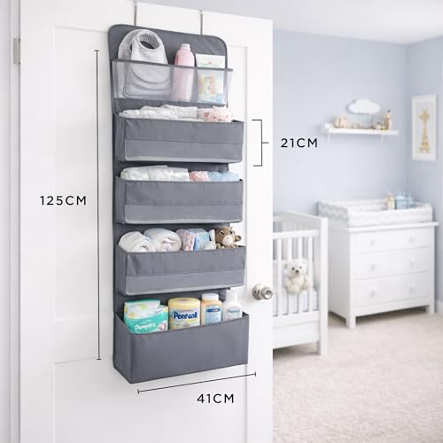 Image of CLAPONE Over the Door Organizer /Large Pockets - Anti-Tilt Hanging Storage for Bedroom /Closet Door Storage /Bathroom /Pantry /Nursery /Bedroom (Grey, 4 Shelf Hanging Door)