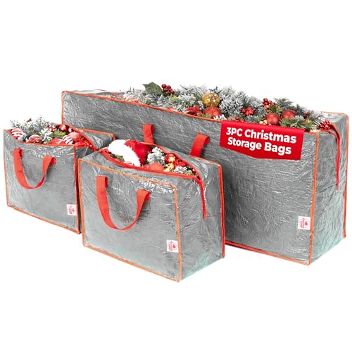 Christmas Village Set of 3 Christmas Storage Bags - 7ft Christmas Tree Storage Bag and 2 Decoration Storage Bags with Handles - Durable Xmas Storage Bag for Lights, Tinsel, Wreath (Grey)
