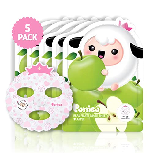 Puttisu Real Fruit Facial Mask Sheet For Kids, Children - Made With 100% Cotton, Moisturize, Sooths And Hydrates Skin (Apple- Pack Of 5) #TOP1