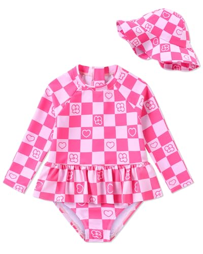Image of Redair Toddler Girls One Piece Swimsuit Long Sleeve Bathing Suit with Hat UPF 50+ Sun Protection 1-5T