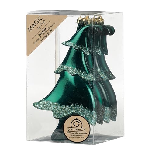 Inge-glas Christbaumschmuck Tannenbäume 14cm Kunststoff 4er Set - bruchsicher & mit Glitzer - Christbaumkugeln für Weihnachtsbaum - Weihnachtsbaumkugeln & Weihnachtsbaumschmuck Grün - Noble Green