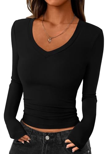 PRETTYGARDEN Womens Long Sleeve T Shirts 2025 Fall Trendy Deep V Neck Slim Fit Basic Crop Tops Casual Going Out Top