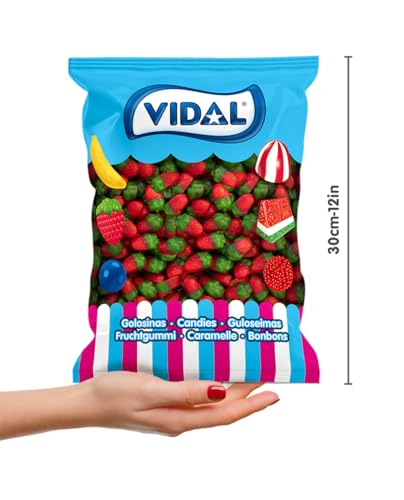 Vidal Golosinas. Mini Fresas Silvestres. Golosina con forma de fresa sabor fresa y color rojo y verde. Bolsa de 1 kg.