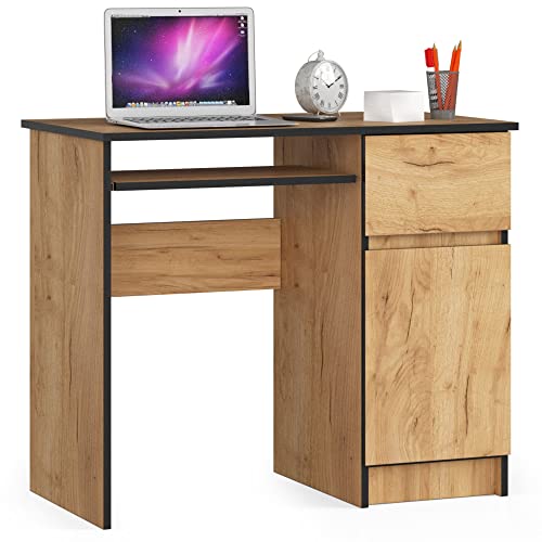 AKORD Piksel Schreibtisch Klein mit Schubladen | Computertisch | Bürotisch mit Tastaturablage | Schublade und Fach mit Tür | Holz Deko | B90 x H77 x T50 cm 30 kg | Schrank Rechts | Handwerk Eiche