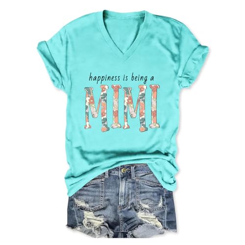 PIYEWO Funny Grandma Shirts for Women V Neck Tops Happiness is Being Mimi Graphic Tees for Nana Casual Short Sleeve Tshirts Blue
