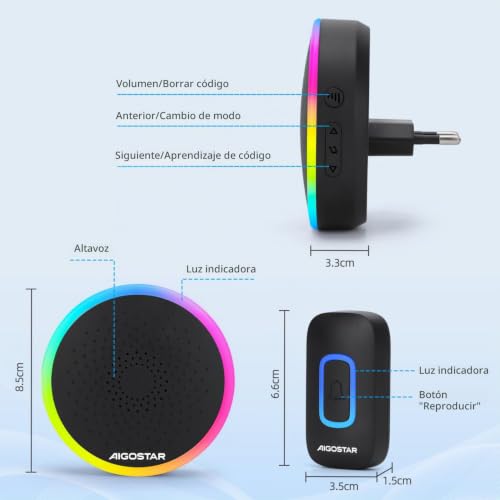 Miniatura 4 de Aigostar Timbre Inalámbrico Rgb, Timbre Inalámbrico Exterior Impermeable Sin Pilas, Ip55, 5 Niveles De Volumen 0-120db Y 60 Melodías, Timbre Para Ancianos, Casa, Oficina, Negro