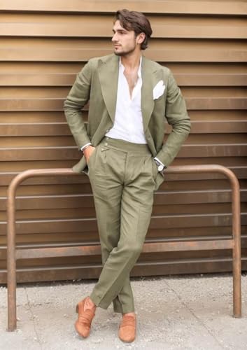Mens Linen Suit for Beach Wedding Double Breasted Prom Tuxedos 2 Piece Peak Lapel Blazer Pants for Summer3