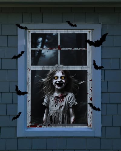YUSPENYE Halloween Fenstertür Gruselige Abdeckung, Halloween-Dekoration, Partydekorationen mit Rahmen – Ansicht 1