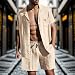 Generisch Khaki Zweiteiler Herren Leinenanzug Sommer Freizeitanzug Einfarbig 2-teilig Kurzarm Button-Up Revers Hemd und Shorts Beach Shirt Kurze Hose Set Baumwolle Leinen Anzug