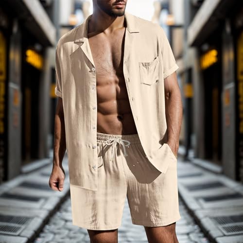 Generisch Khaki Zweiteiler Herren Leinenanzug Sommer Freizeitanzug Einfarbig 2-teilig Kurzarm Button-Up Revers Hemd und Shorts Beach Shirt Kurze Hose Set Baumwolle Leinen Anzug