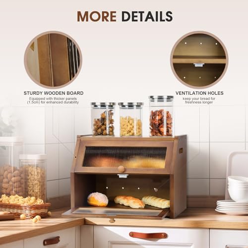 Large Bread Box for Kitchen Countertop, Wooden Bread Bin with Double Layer Storage and 0.6-inch Thick Natural Wood Panels, Rustic Bread Box Organizer for Kitchen (Retro Brown)