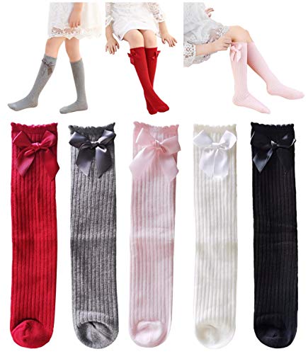 Toptim Little Girl's Knee High Socks Over Calf Kids Overknee Stockings Bow Style 3-12T(Bow2-5Piars)