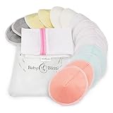 BABY BLISS Organic Bamboo Nursing Breast Pads - 14 Washable Pads with Wash and Storage Bags - Breastfeeding Nipple Pad for Maternity - Reusable Nipplecovers for Breast Feeding (Large, 4.7')