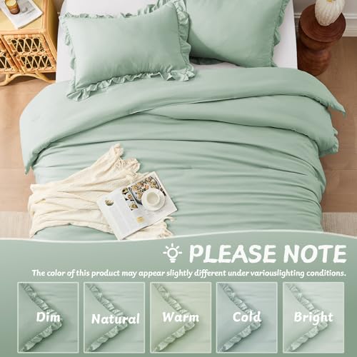 Image of FUANNA Queen Comforter Set, Sage Green Bedding Sets, 3 Piece Ruffle Bed Set
