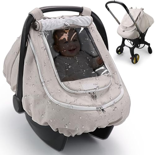 Image of TinlyFinly Waterproof Car Seat Cover for Baby, 2-Layer Car Seat Rain Cover with Clear Window & Sunshade & Mesh Cover, Universal Infant Carseat Canopy for Stroller, Protect from Rain and Snow - Beige