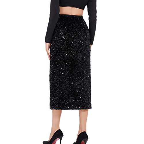 Dwirapal Women’s Sequin Velvet Skirt Elastic High Waist Sparkle Split Hem Night Out Party Maxi Skirt #TOP4