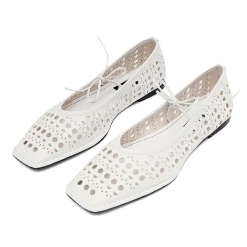 Black Ballet Flats for Women Square Toe Lace up Wide Width Mary Jane Flats Casual Slip on Ballerina Shoes