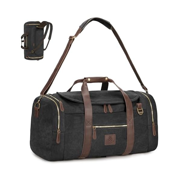 Vintage-Canvas-Duffle-Bag-50L-Genuine-Leather-Travel-Duffel-Backpack-Multifunctional-Overnight-Weekender-Bag-with-Shoes-Compartment-Men-Black Densata Vintage Canvas Duffle Bag, 50L Genuine Leather Travel Duffel Backpack Multifunctional Overnight Weekender Bag with Shoes Compartment Men (Black)