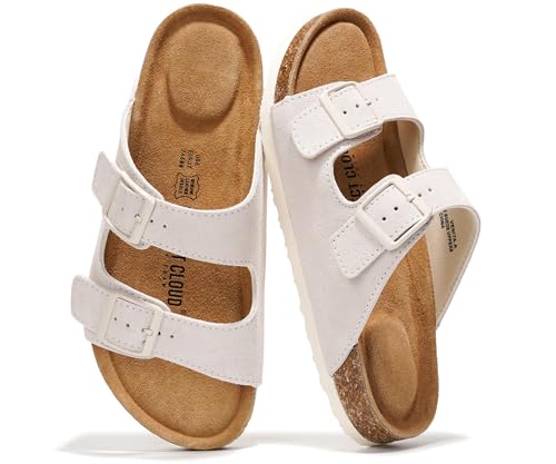 Image of Project Cloud 100% Genuine Leather Flat Sandals For Women 2026 Cork Footbed Womens Sandals with Memory Foam and arch support Vacation Essentials Slides for Women Footwear (Venita)