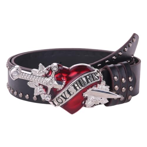 Women Punk Belt Through Heart Buckle Relief Pattern Waistband Rock-Roll Retro Girdle Belts Stylish Jeans Waist Belt