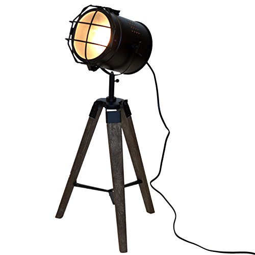 Holz Stativlampe mit Metallscheinwerfer E14 H64cm Schwarz/Natur - Stehlampe Dreibeinlampe Dreibein Tripod Tripodlampe…