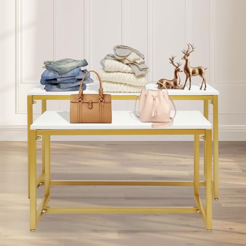 NATICRISI Metal Shoe Handbag Display Stand, 2 Tier Heavy Duty, Gold & White, Nano Baking Paint Surface, Staggered Heights Design