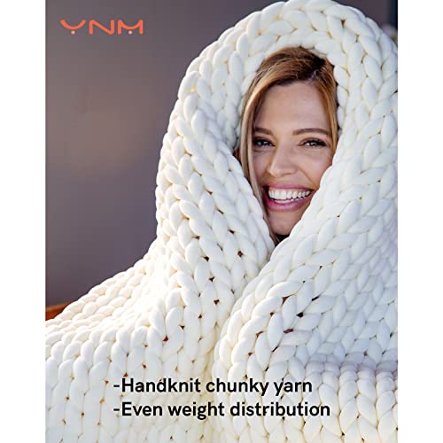 YnM Velvet Weighted Blanket, Handmade Chunky Knitted Design, Soft and Cozy, Temperature Regulating and Breathable, Machine Washable Throw for Sleep or Home Decor (Cream, 60x80 Inch, 20lbs)