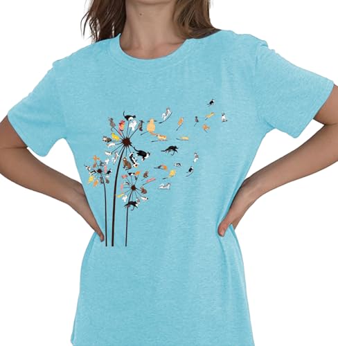 Image of Cat Shirts for Women Butterfly Graphic Tops Dandelion T Shirt Womens Vacation T-Shirt Nature Lover Tee