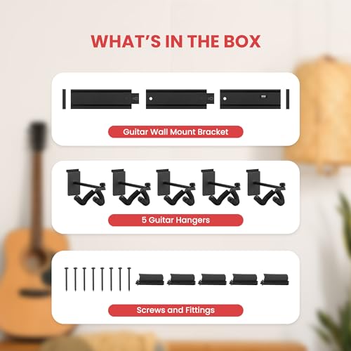 Guitar Keeper Bundle - 5 Adjustable String Swing Guitar Hangers and Guitar Wall Mount Bracket Holders for Acoustic and Electric Guitars by Pyle - Image 4