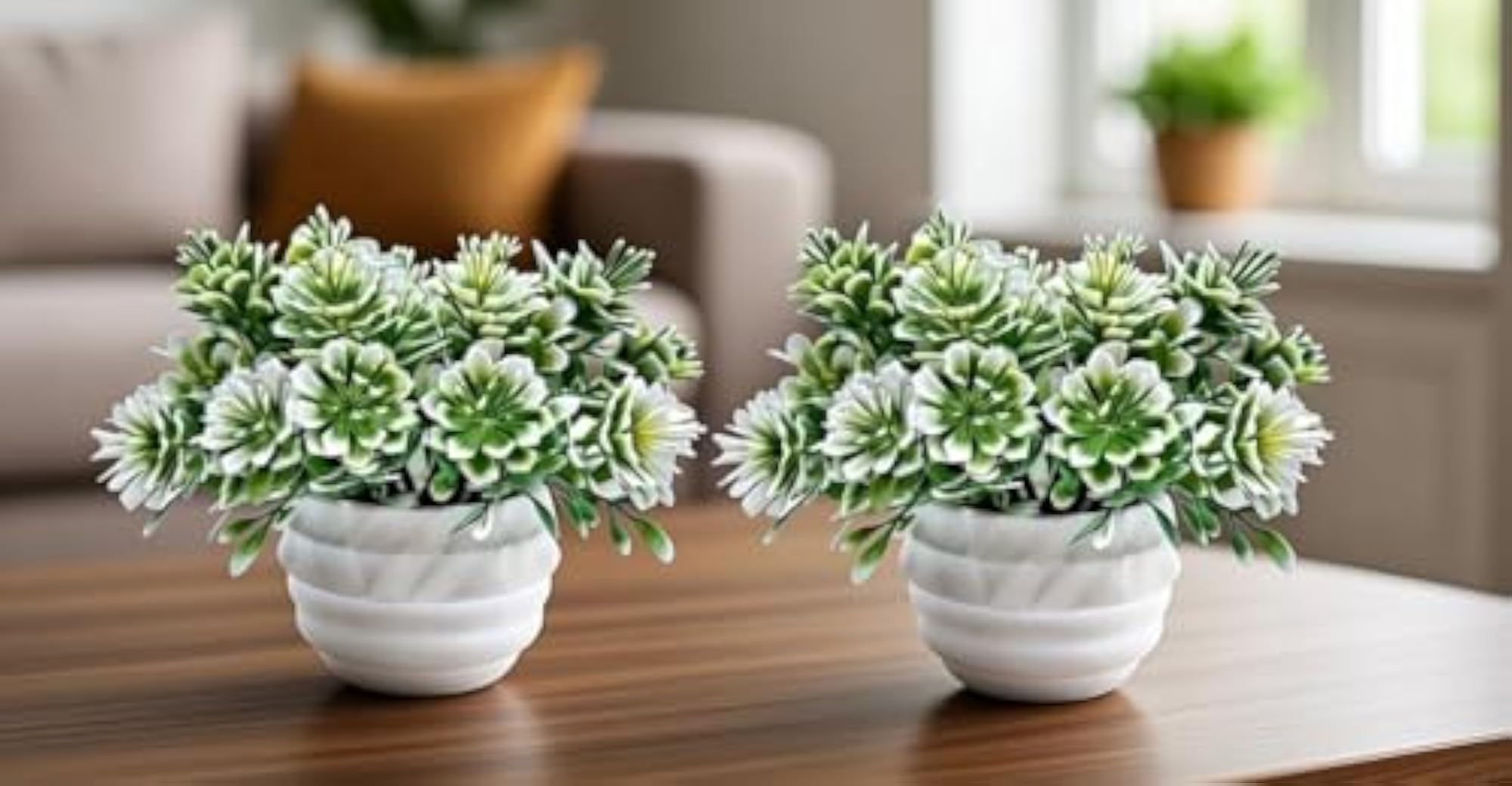 Artificial Succulent Plants in White Plastic Pots, Set of 2