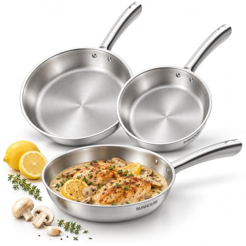 Image of Sunhouse Tri-Ply Stainless Steel Frying Pans Set, 8”/9.5”/10” Cooking Pans