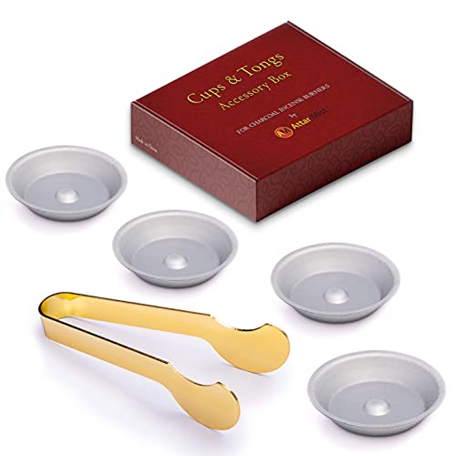 AM Metal Incense Burner Dish and Metal Tong - Metal Cup (Pack of 4) and Metal Tong (Pack of 1) Use with Any Electric Or Charcoal Incense / Bakhoor Burner