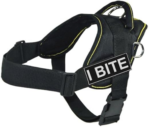 DT Fun Harness, I Bite, Black with Yellow Trim, Large - Fits Girth Size: 32-Inch to 42-Inch